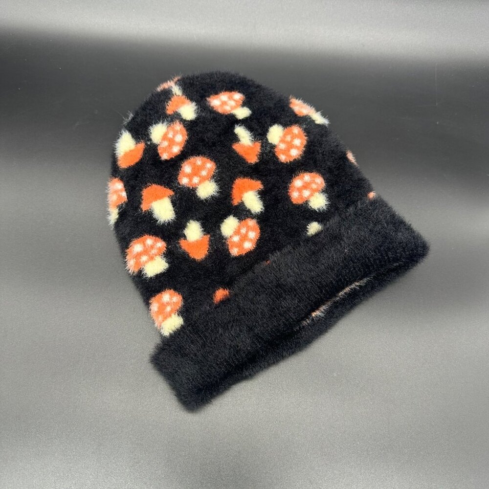 Mushroom Beanie Winter Sock Hat Fuzzy Childs One Size Kids Orange Black